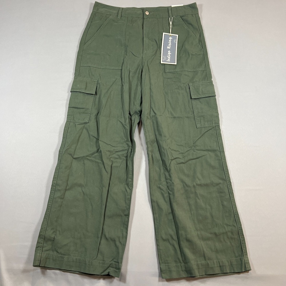 Indigo Rising Cargo Pants Womens 17/18 Olive Green Utility Pockets Wide Leg